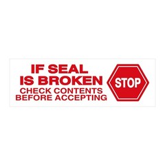 ‘STOP IF SEAL IS BROKEN’ red letters on white tape, 2″x2milx110yd, 1 Roll