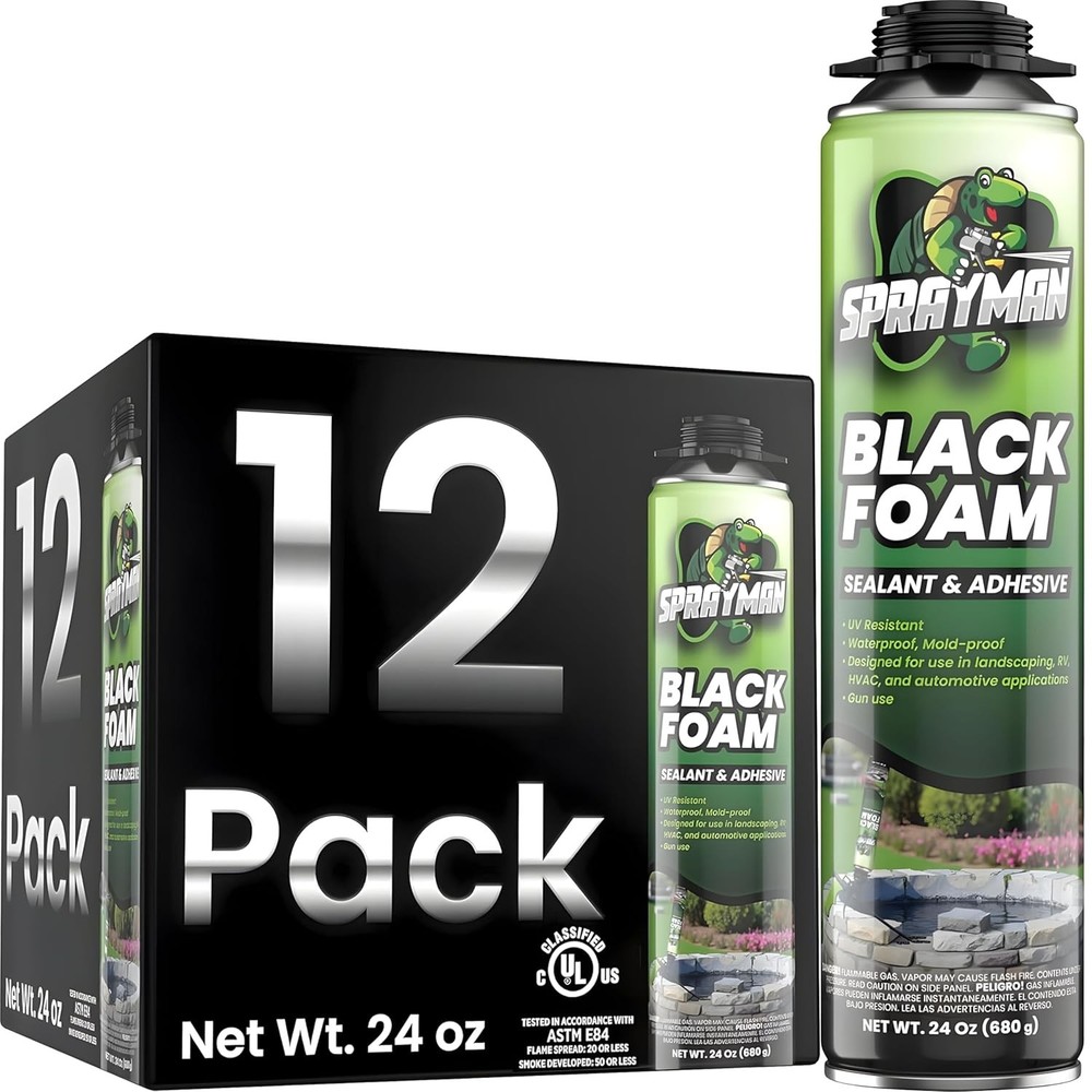 Sprayman Black Foam Sealant – (12×24 Oz) Expanding Polyurethane Pond & Landscape