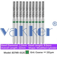 Vakker 10pc Dental Diamond Burs Shape Flat & Round End Modified Cylinder Bur