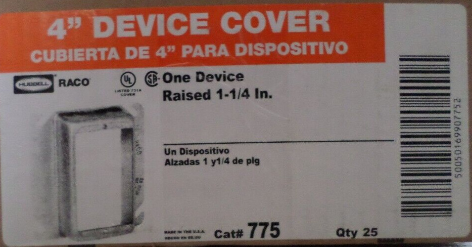 25 pk RACO 775 Plaster 1-1/4″ Mud Ring Square 4 in. Cover 1-Device Raised
