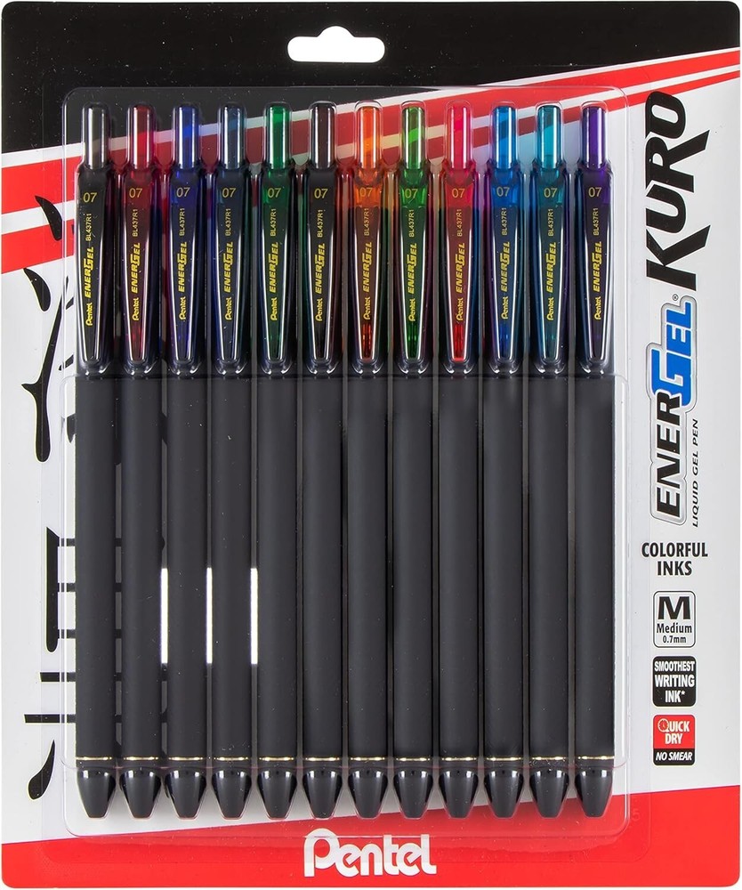 Pentel EnerGel Kuro Liquid Gel Pen, (0.7mm), Medium line, Assorted Ink, 12 Pack