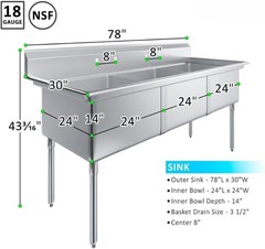 78 in. x 30 in. Stainless Steel Three Compartment Sink with 24 in. x 24 in. x 14