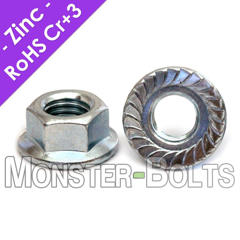 1/4″-28 Regular Hex Flange Nuts, Serrated LockNuts, Case Hardened Zinc Cr+3 RoHS