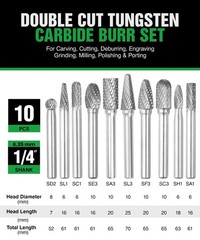 Carbide Burr Set 1/4″ (6.35mm) Shank – 10 Pcs Double Cut Die 0.25 inches