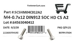 (25) M4-0.7 x 12 Stainless Steel Socket Head Socket Cap Screws DIN912 M4x0.7×12