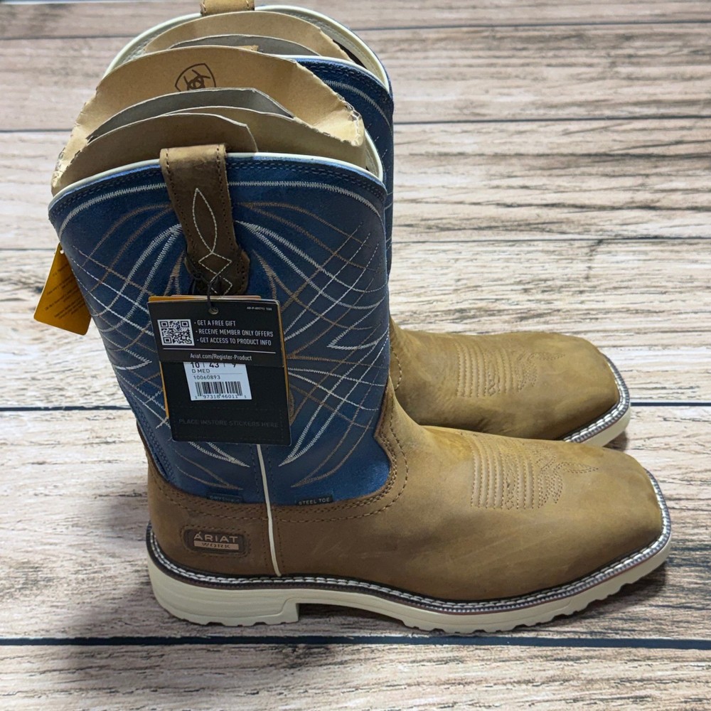 Ariat Activator H20 Steel Toe Work Boots Mens 10 Brown Blue Waterproof Western