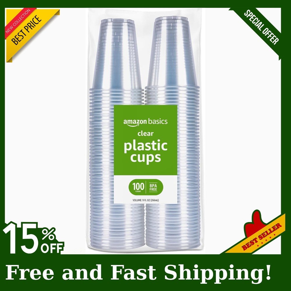 Basics Small Disposable Clear Plastic Cups, 9oz, 100 Count, Free Shipping! NEW!!