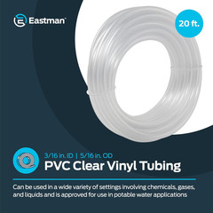 Eastman 3/16 Inch ID (5/16 Inch OD) PVC Clear Vinyl Tubing, 20 Foot Length, 9856