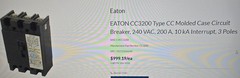 EATON CC3200 Type CC Molded Case Circuit Breaker, 240 VAC, 200 A, 10 kA Interrup