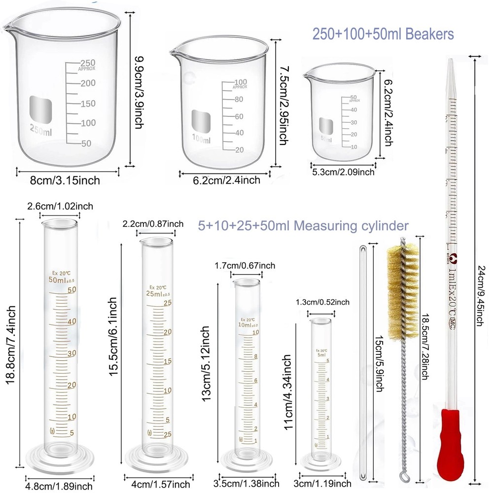 11Pcs Glass Beaker Set 50/100/250 ml Glass Graduated Cylinder 5/10/25/50 ml