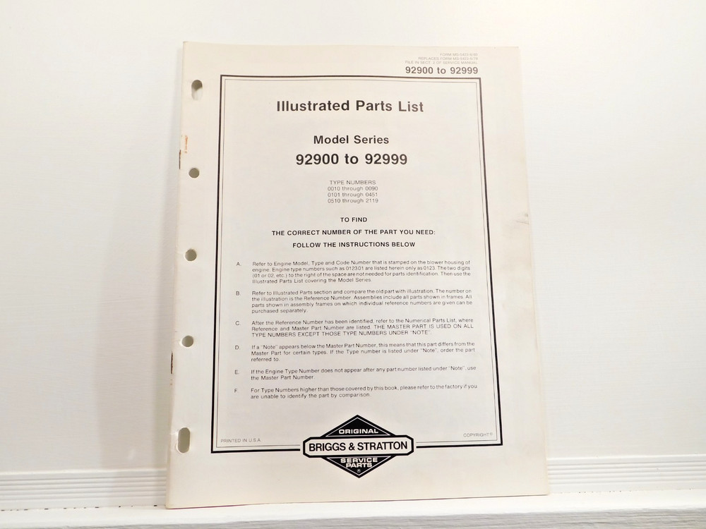 Original Briggs and Stratton Engine Models 92900 to 92999 Illustrated Parts List