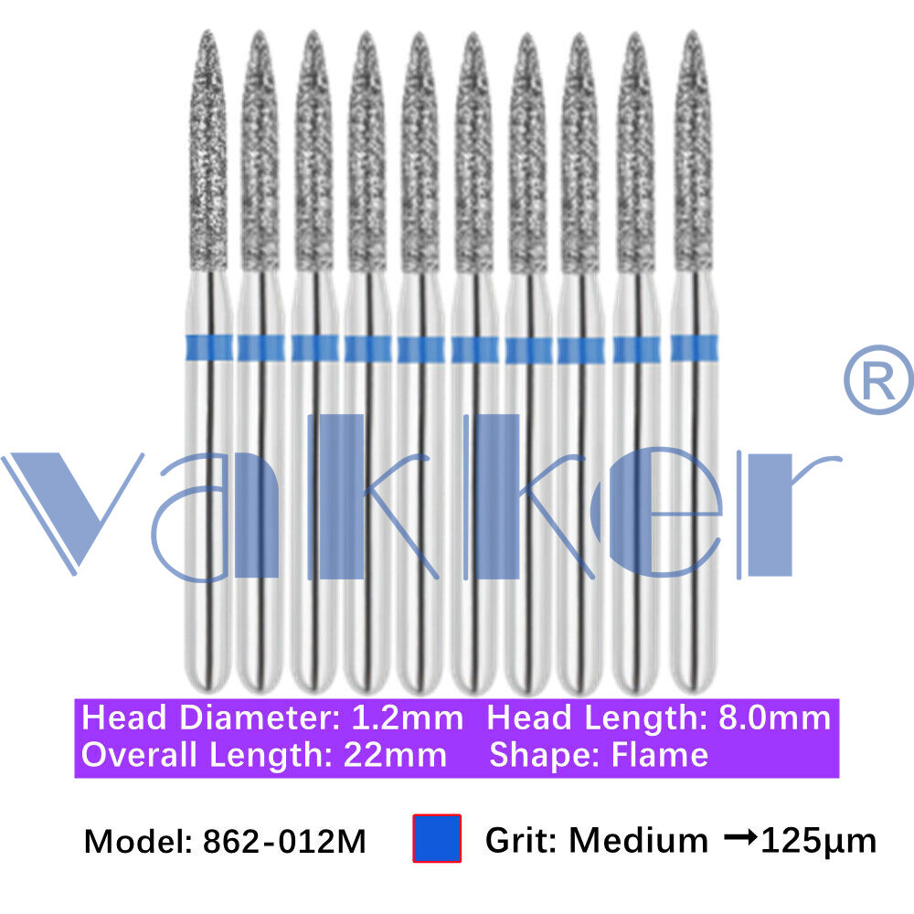 Vakker 10pc Dental 862-012M Medium Grit FG Diamond Burs Flame