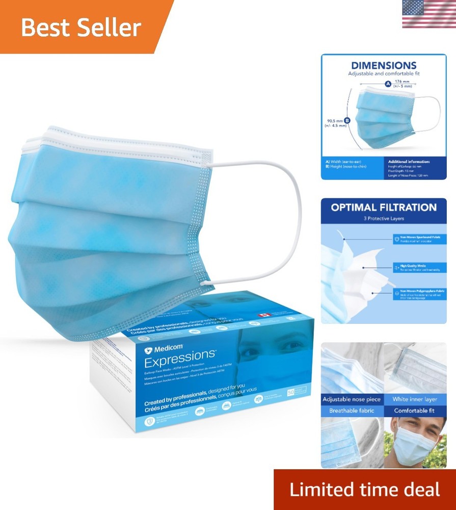 Blue Disposable Masks – 50 Count ASTM Level 3 Safety for Adults – Made in Canada