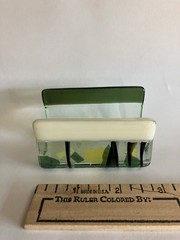 Fused Glass Dichroic Green, White, Yellow, Black Signed Business Card Holder 3″