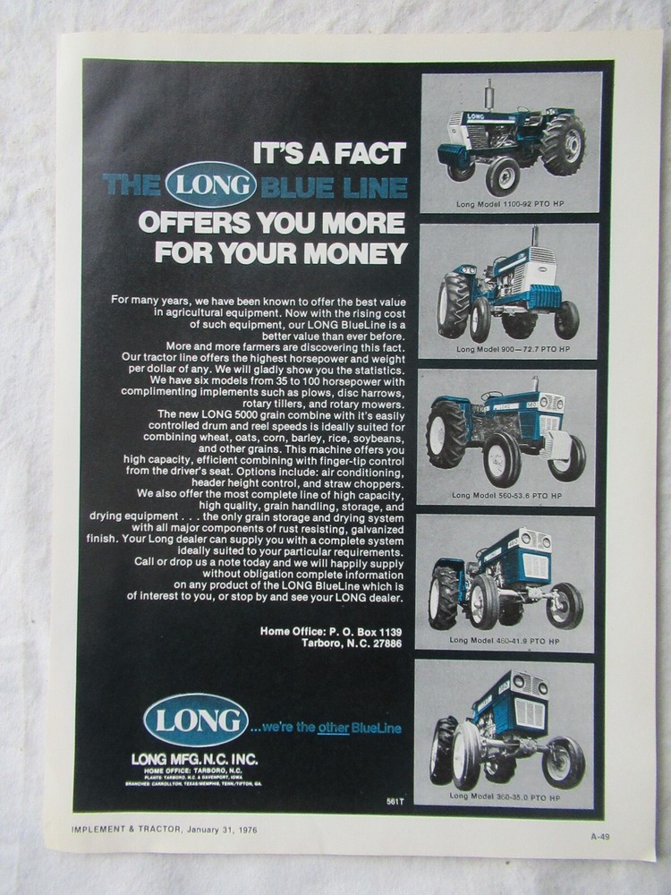 1976 Long Tractor Print AD Advertisement 11×8