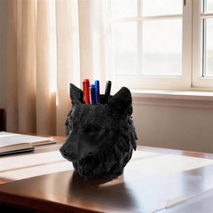 3D Printed Wolf Head Pen Holder, Black Plastic Animal Desk Stationery Organizer