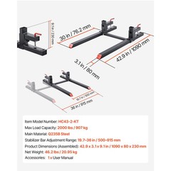 Uimoso 43 Inch 2000 lbs Clamp On Tractor Forks w/Adjustable Stabilizer Bar