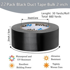 22 Pack Black Duct Tape Bulk, 2 Inch Heavy Duty (Total 660 Yards), Strong No Res