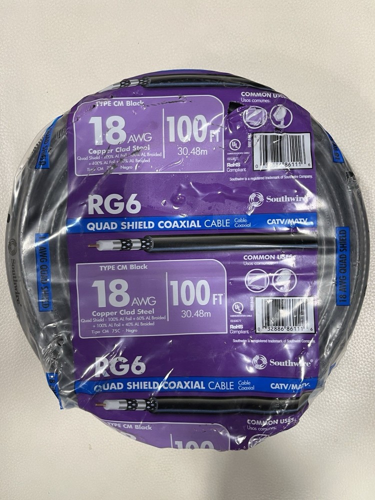 Southwire 56918443 100 ft. RG6 Quad Shield Black CM Coaxial Cable