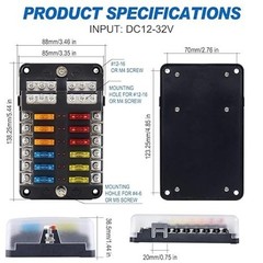 Fuse Block, 12v Fuse Box Holder with Led Indicator Waterproof Cover, 12 Circuits
