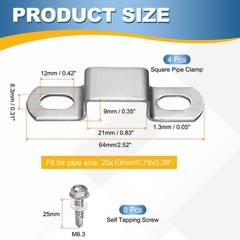 4set U Shaped Connector Bracket 20x10mm Square Pipe Clamp with Screw, Silver