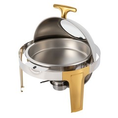 Roll Top Chafing Dish Buffet Set Gold Accent 6.3 Quart Round Stainless Steel
