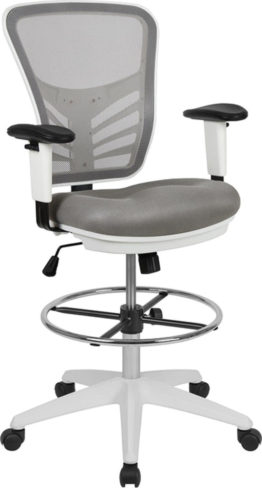 Light Gray Ergonomic Drafting Chair with Chrome Foot Ring & Adjustable Arms