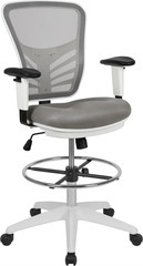 Light Gray Ergonomic Drafting Chair with Chrome Foot Ring & Adjustable Arms