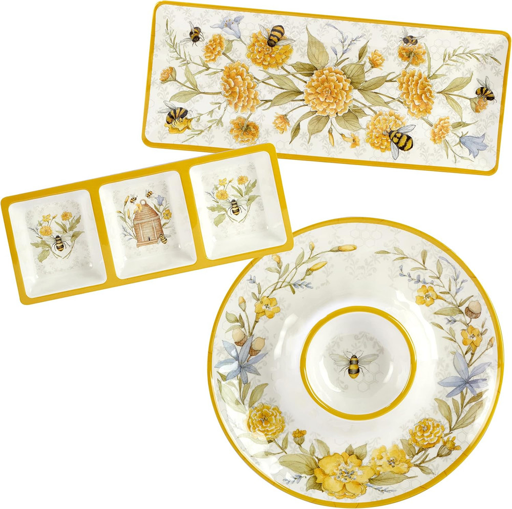 Bee Sweet 3-Piece Melamine Serveware Set – Includes 14.5″ Chip & Dip, 14.5″X5.75