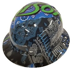 full brim hard hat custom hydro dipped IN BLUE BANDANNA WITH POISON LOGO