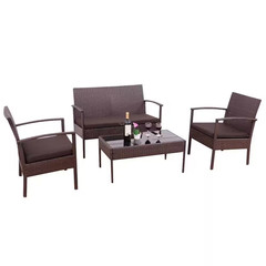 4-Piece Rattan Wicker Patio Conversation Set Loveseat Sofa with Brown Cushions G