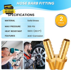 2 Pcs Air Hose Barb Fittings, 1/4 NPT to 3/8 Barb, Barbed Hose Fittings, Male Th