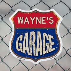 Wayne’s Garage Shield Shaped Sign Weather Resistant Crafted in the USA