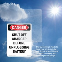Portrait Shut Off Charger Before Unplugging OSHA Danger Sign, Decal 5 or 10 Pack
