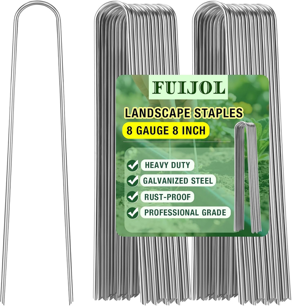 8 Gauge Landscape Staples, FUIJOL 8 Inch 15 25 50 100 Pack Heavy Duty U-Shaped L