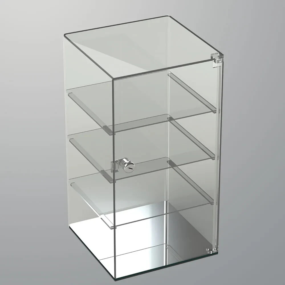 Clear Acrylic 3 Shelf Rotating Lockable Display Case 10″ x 10″ x 19″