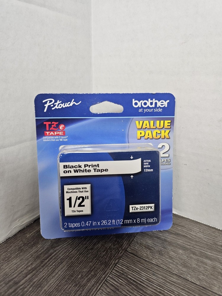 Brother 2 Pack TZe-2312PK – 1/2″ Black on White P-Touch TZe Tape (new sealed)