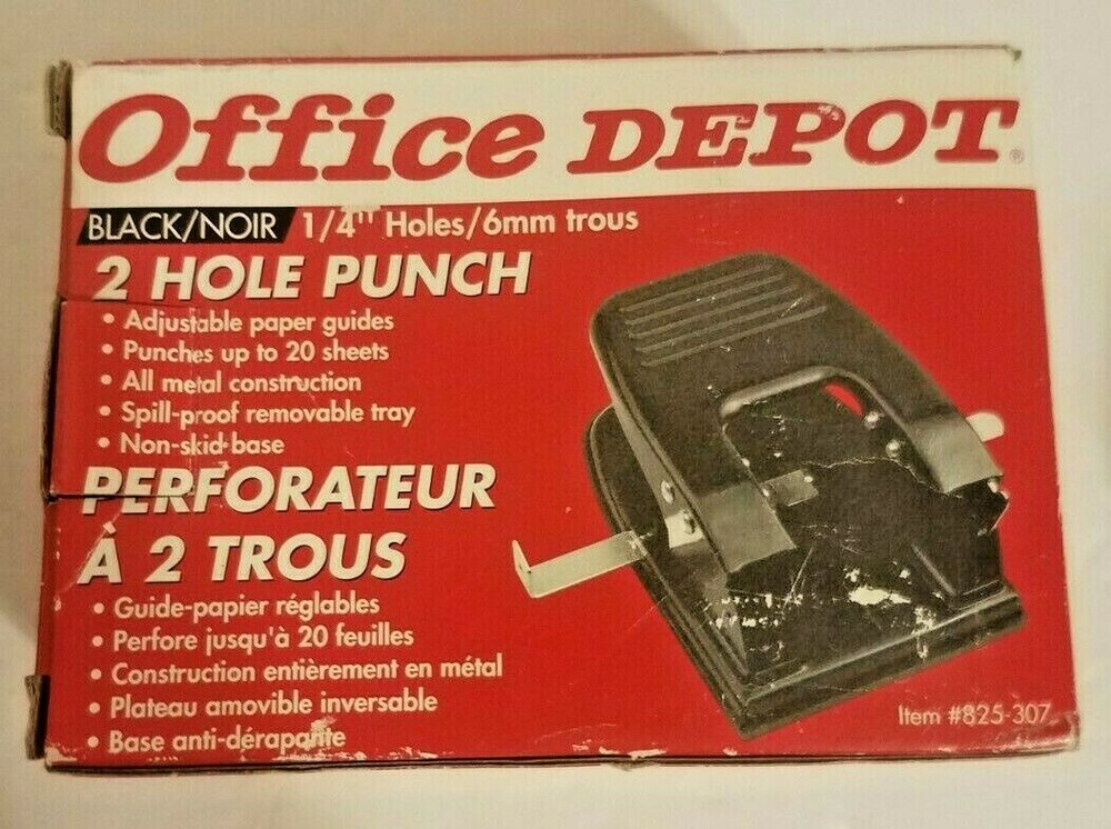 Office Depot Brand 2 Hole Punch,Item #825-307,1/4″ Holes All Metal Construction