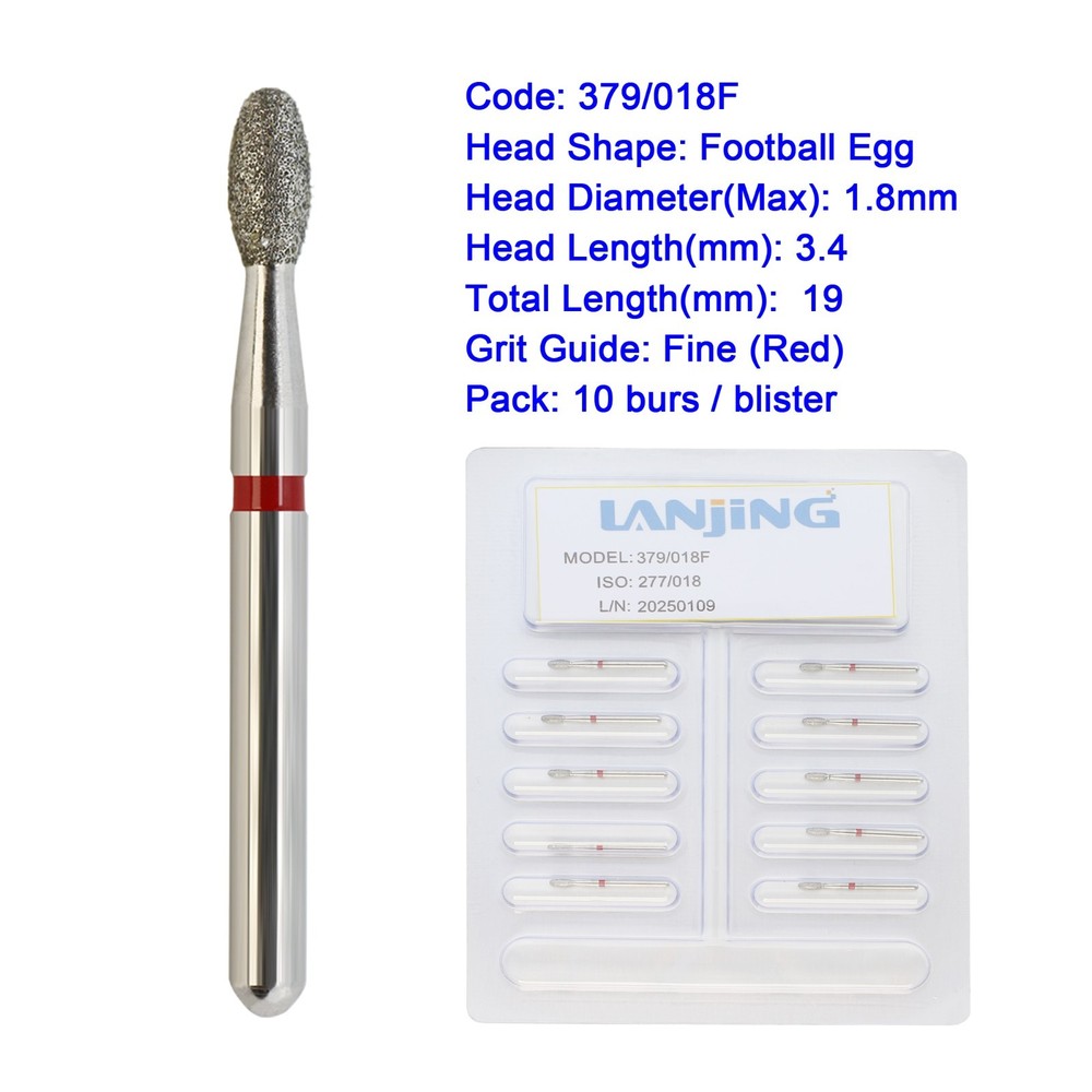 Multi-Use Diamond Burs FG 379/018F Egg Football Burr Fine Grit Red Friction Grip
