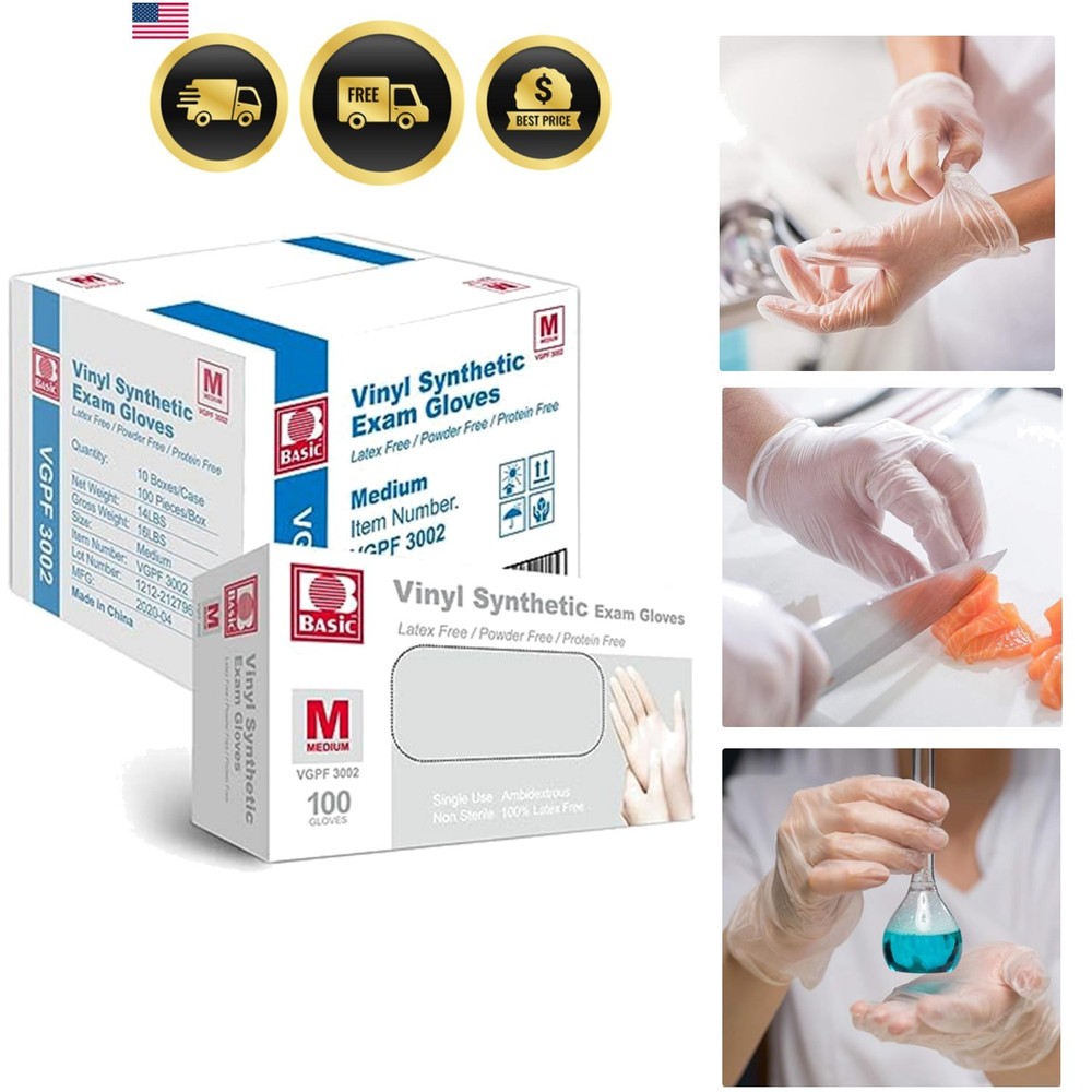Basic Medical Vinyl Exam Gloves Disposable Latex Free Medium, Powder-Free, Cl…