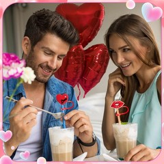 24 PCS Valentine’s Day Straw Toppers, 8mm Heart 6-8mm, Red, Pink, White