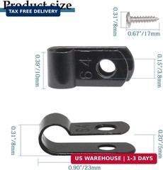 50 Pcs 1/4 Inch Black Nylon Cable Clip Wire Clamp | R-type, 6.4mm, Screw Mountin