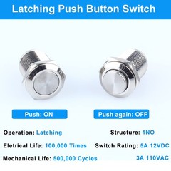 2 PCS 12mm Latching Metal Waterproof Push Button Switch 1/2 Inch Hole