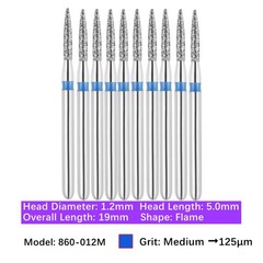 10/pk Dental Flame Diamond Burs 860-012M Medium Grit Friction Grip High Speed