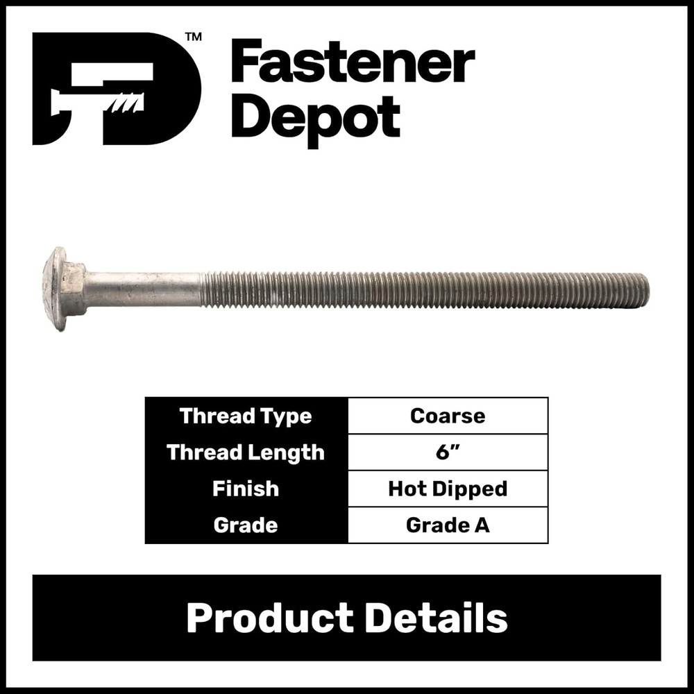5/8″-11 x 9″ Hot Dipped Galvanized Carriage Bolt, Grade A, 6″ of Thread, Qty 25
