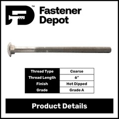 5/8″-11 x 9″ Hot Dipped Galvanized Carriage Bolt, Grade A, 6″ of Thread, Qty 25