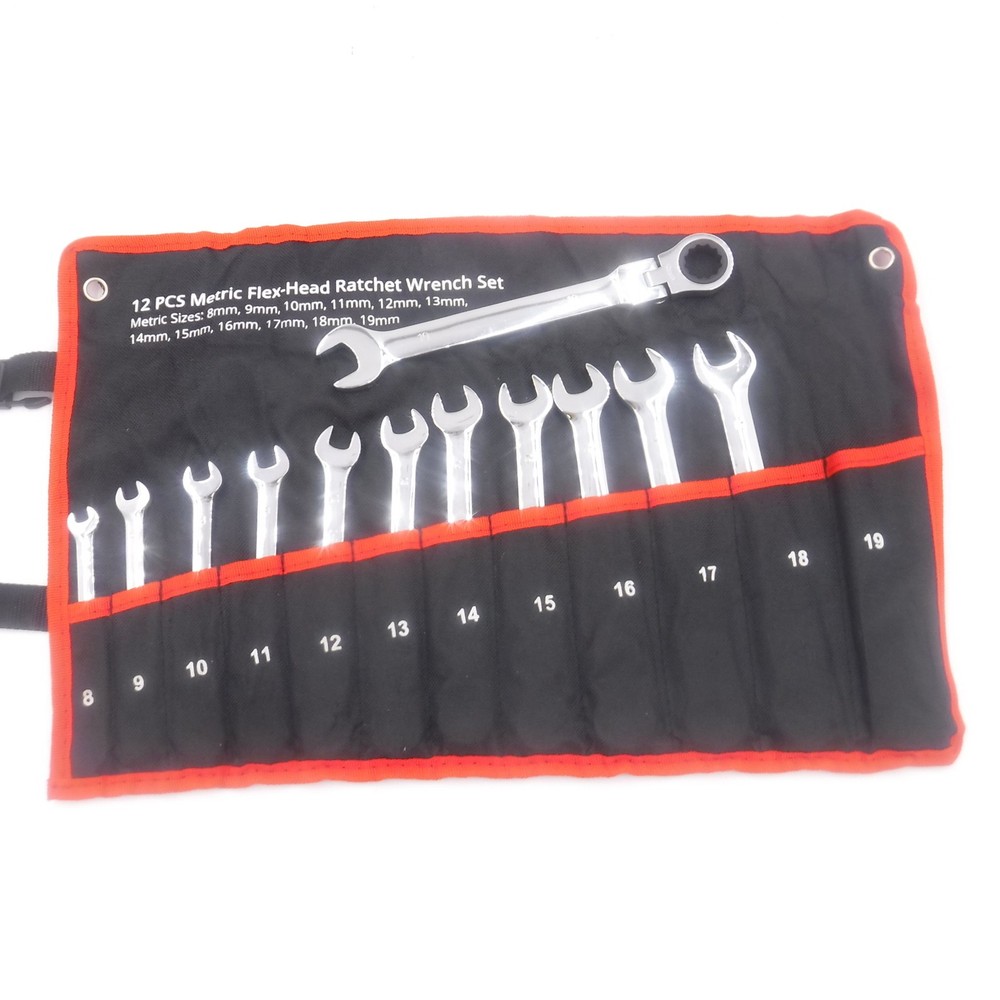 12 Piece Flex-Head 8-19mm Metric Ratcheting Combination Wrench Set