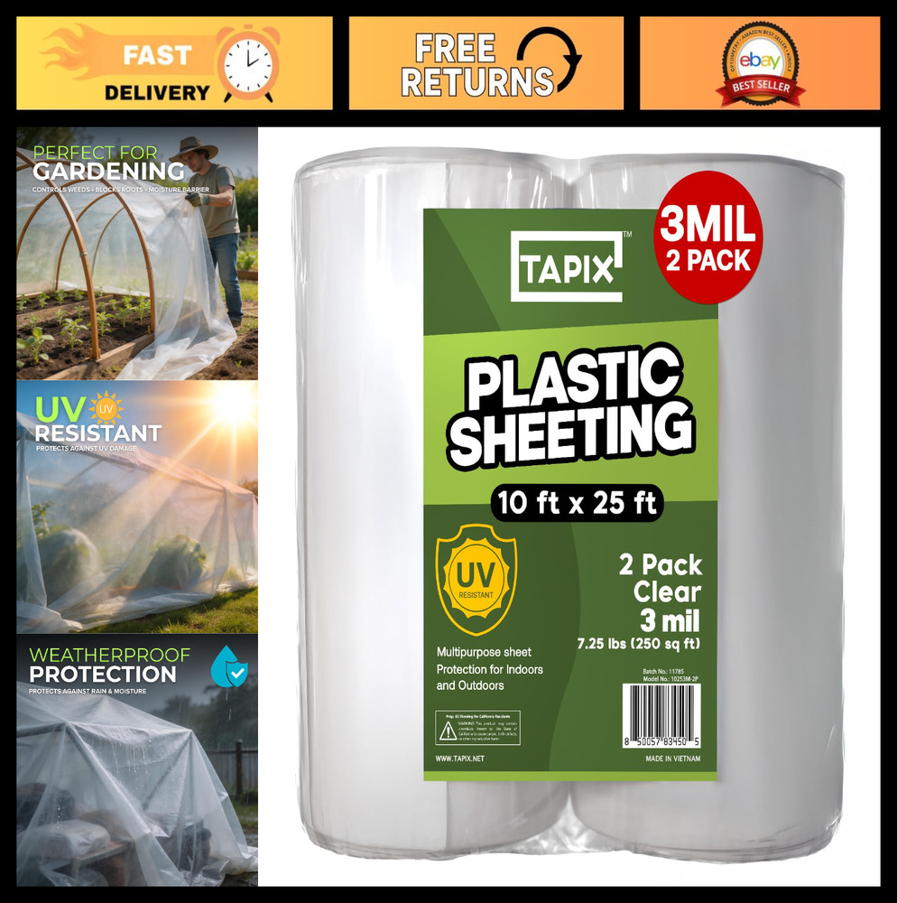 Heavy Duty Plastic Sheeting 10′ x 25′ – 3 Mil UV Protection Poly Film (2 Pack)
