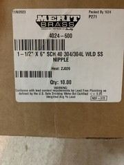 10 Pcs Merit Brass Pipe Nipples 304/304L Stainless Steel 1-1/2-In x 6-In4024-600