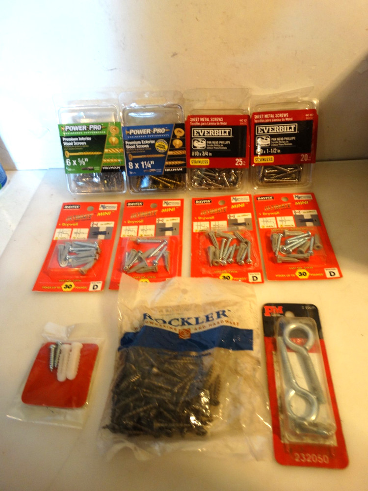 Lot of Assorted Wood Screws Drywall Anchors Eyebolt Various Sizes & Lengths